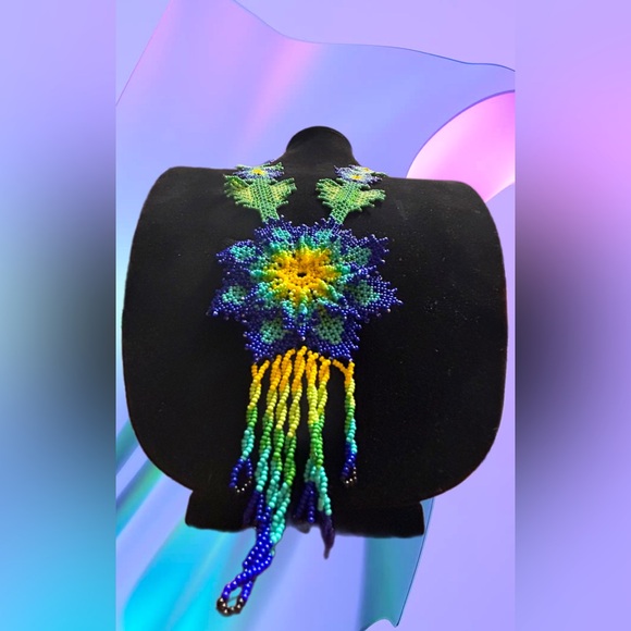 Burst of Joy: Handcrafted Blue Flower Bead Necklace by GrandmaMia - Picture 2 of 7